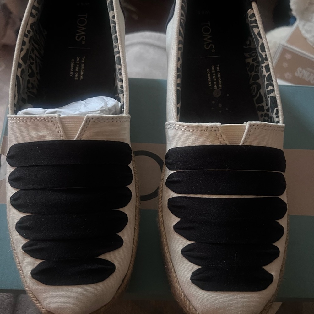 Toms Black and White Espadrilles with Striped Design